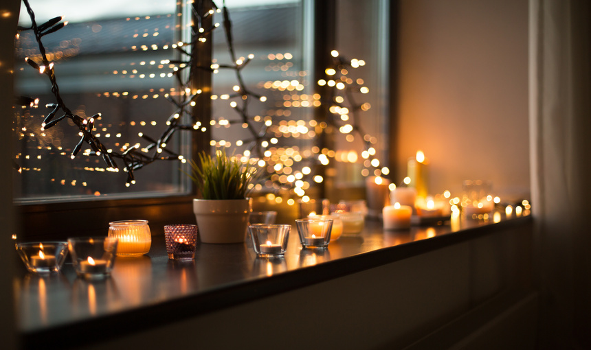 Decorated and illuminated window with lights.